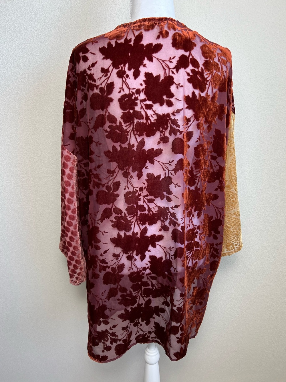 Mystree Mixed Print Burn-Out Wrap Kimono M/L Floral Velvet Boho Patchwork Duster - Picture 4 of 8